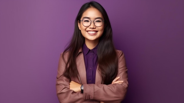 Giovane donna d'affari asiatica che indossa occhiali in piedi su sfondo viola