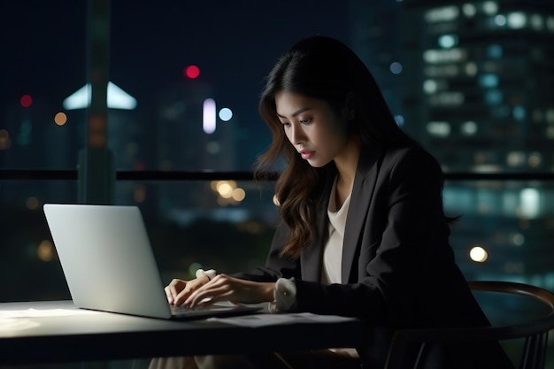 Giovane donna d'affari asiatica occupata che lavora al portatile di notte in un ufficio aziendale buio Direttore professionista di uomini d'affare che usa il computer seduto al tavolo vista serale della grande città