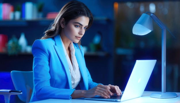 Giovane donna d'affari che lavora al portatile in ufficio notturno Concetto di finanza e tecnologia aziendale