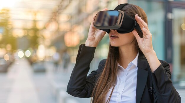 Giovane donna d'affari con gli occhiali VR per le strade di un quartiere commerciale