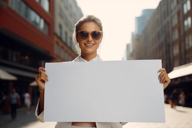 Giovane donna d'affari con un foglio di carta bianco vuoto in piedi all'aperto in strada Banner segno bella ragazza che mostra tavola bianca vuota Spazio vuoto per l'editing degli annunci cartello con spazio di copia