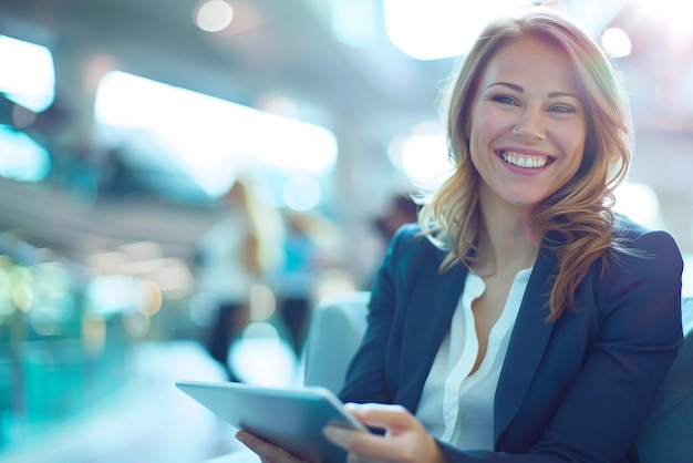 Giovane donna d'affari felice che lavora con un tablet in un ufficio aziendale