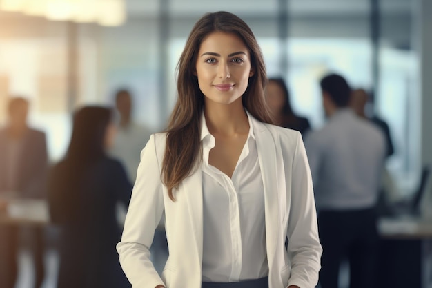 Giovane donna d'affari in piedi casual intelligente nella sala riunioni con l'impegno dei dipendenti sullo sfondo Concetto di leadership