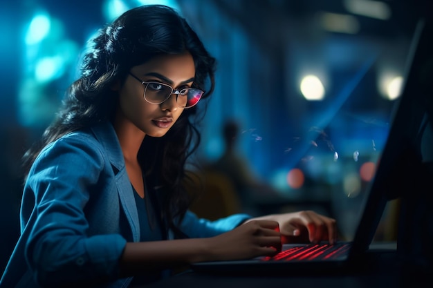 Giovane donna d'affari indiana riconoscente con il computer portatile che fa i pollici in su