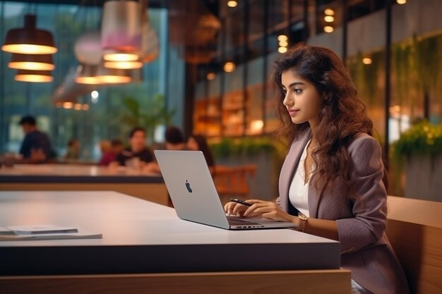 Giovane donna d'affari indiana riconoscente con il computer portatile che fa i pollici in su