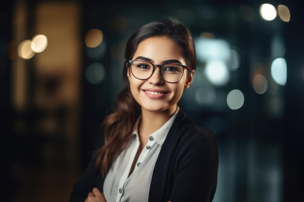 Giovane donna d'affari ispanica intelligente volto sorridente in piedi in sfocatura dello sfondo del design creativo degli interni dell'ufficio colorato IA generativa AIG20