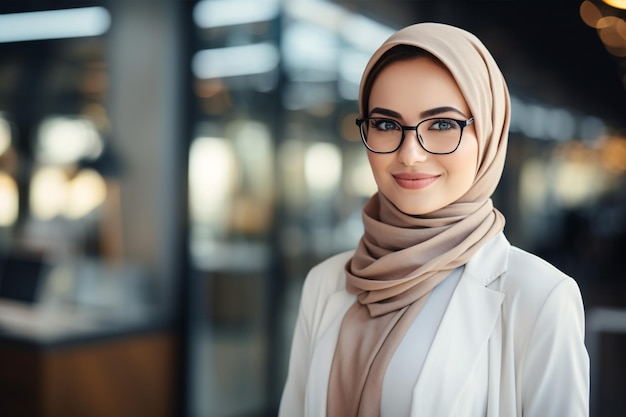 Giovane donna d'affari musulmana che guarda felicemente la telecamera mentre indossa hijab e occhiali in un ufficio moderno