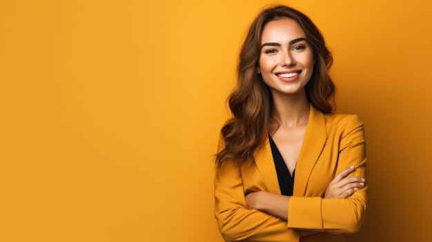 Giovane donna d'affari sorridente che posa su uno sfondo di colore tenue IA generativa