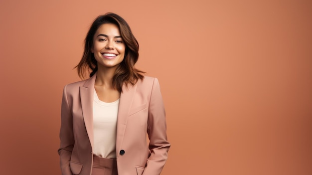 Giovane donna d'affari sorridente in posa su uno sfondo di colore tenue