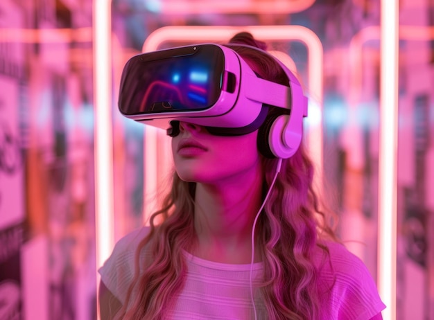 Giovane donna dai capelli ricci che esplora un mondo virtuale attraverso un auricolare VR in un ambiente illuminato al neon