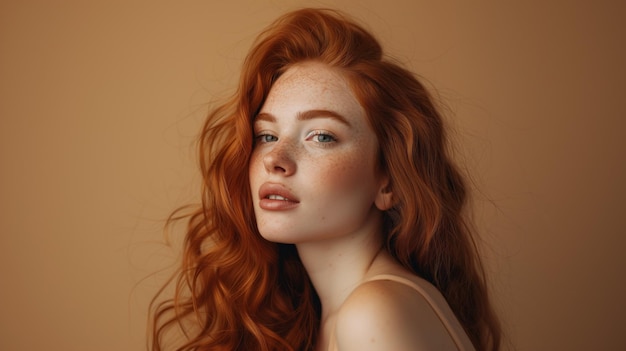 Giovane donna dai capelli rossi che posa isolata sullo sfondo beige della parete I capelli vibranti incorniciano il suo viso mentre si trova con equilibrio creando un ritratto affascinante e accattivante