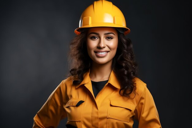 Giovane donna del costruttore in uniforme da costruzione e casco di sicurezza