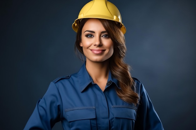 Giovane donna del costruttore in uniforme da costruzione e casco di sicurezza