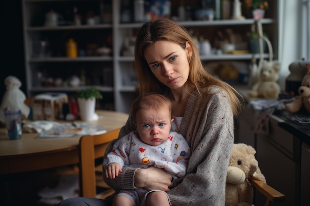 Giovane donna depressa con un bambino carino mattino stanco generare Ai