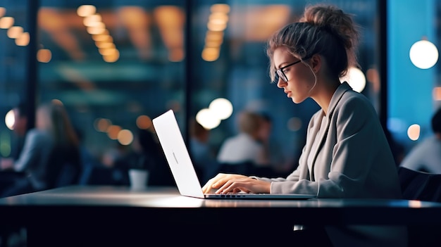 Giovane donna di affari felice che utilizza il computer in ufficio moderno con i colleghi Direttore bello alla moda