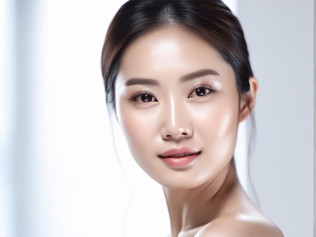 Giovane donna di bellezza asiatica con pelle perfetta su sfondo bianco isolato Trattamento viso Cosmetologia