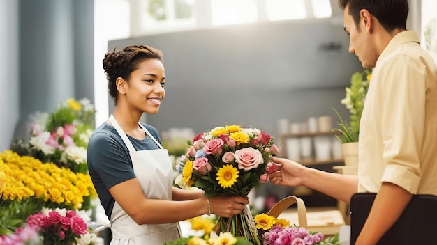 Giovane donna di razza mista felice in grembiule in un negozio di fiori che mostra un bouquet al cliente con spazio di copia.