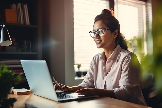 Giovane donna donna latina impiegata che usa il portatile remoto che lavora in ufficio a casa che guarda il computer che parla che ha una riunione virtuale ibrida che impara l'inglese che comunica per videoconferenza webinar di elearning