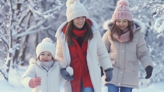 giovane donna e bambini che si godono la neve AI generativa