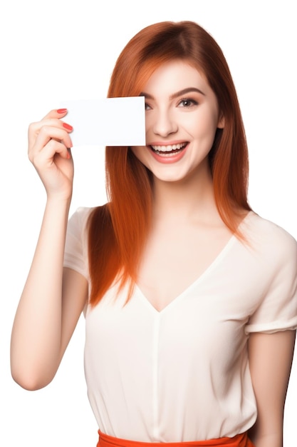 giovane donna eccitata che tiene una scheda in bianco isolata su bianco creato con intelligenza artificiale generativa