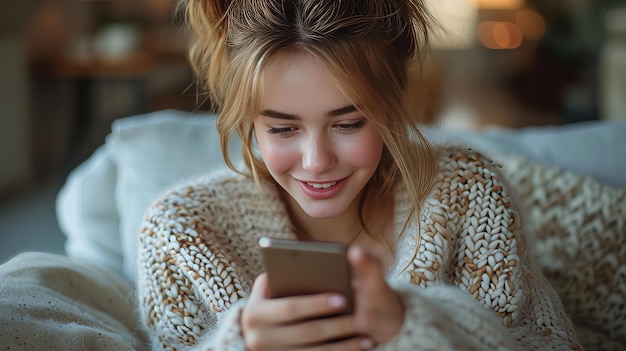 Giovane donna elegante che usa il telefono sul divano sorridente giovane donna che tiene il cellulare che guarda video sul telefono mentre esegue acquisti di e-commerce online in applicazioni mobili.