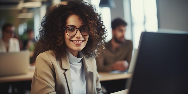 Giovane donna elegante con capelli ricci che utilizza un computer portatile in un'agenzia di marketing