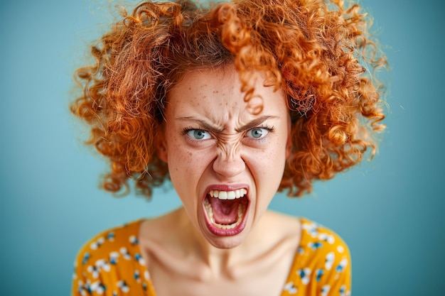 Giovane donna espressiva con i capelli rossi ricci che mostra rabbia e frustrazione su uno sfondo blu