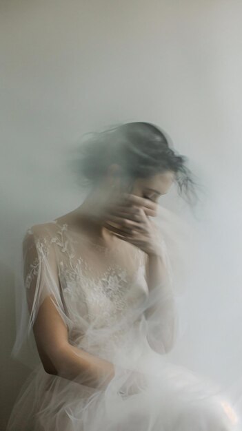 Giovane donna eterea che emerge dalla nebbia con gli occhi larghi e il velo in luce morbida AI generativa