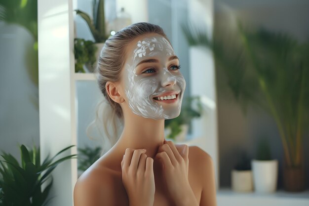 Giovane donna felice che fa massaggio facciale con scrub organico per il viso Ragazza che applica crema scrub