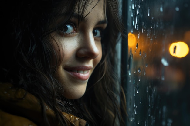 Giovane donna felice che guarda attraverso una finestra un giorno di pioggia gocce di pioggio sul vetro ritratto in primo piano di una bella ragazza sorridente