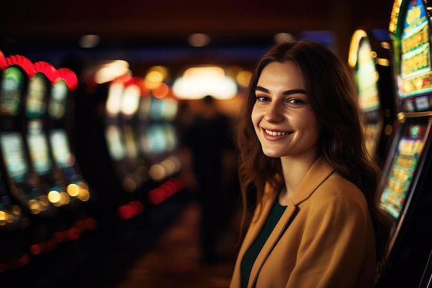 Giovane donna felice che sorride vicino alle slot machine in un casinò