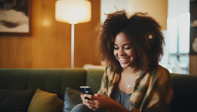 Giovane donna felice e rilassata seduta sul divano sorridente stile rilassato