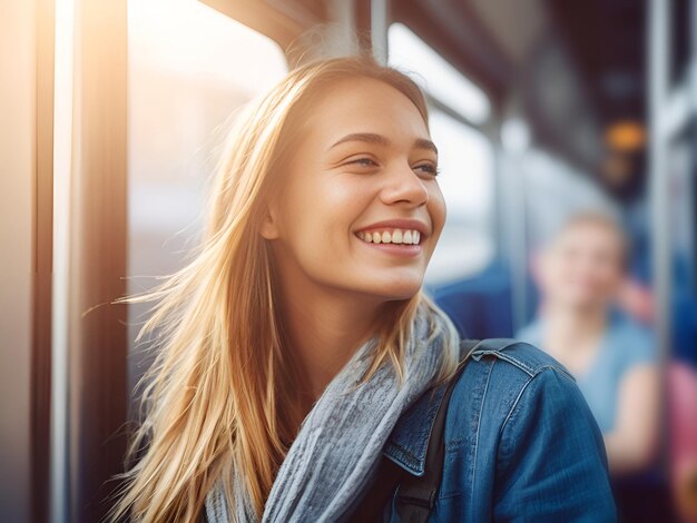 Giovane donna felice e sorridente che viaggia in treno