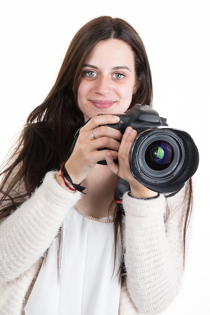 Giovane donna felice e splendida fotografo Shooting You