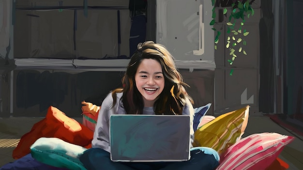 Giovane donna felice seduta sul pavimento con un portatile sulla parete grigia