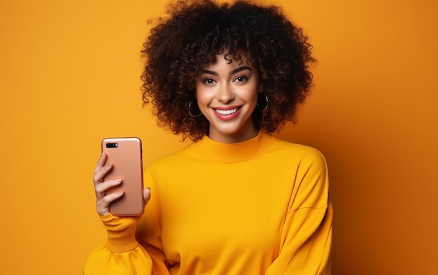 Giovane donna felice sorridente a grandezza naturale che usa il cellulare su uno sfondo giallo
