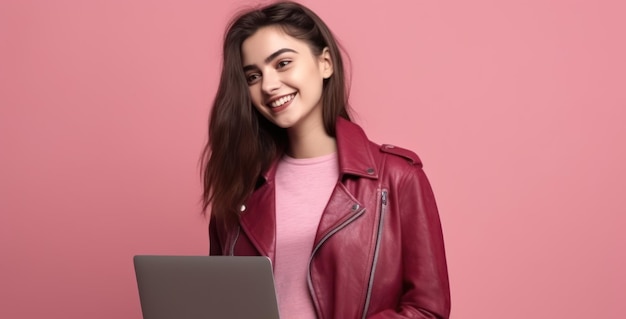 Giovane donna felice sorridente di tutto il corpo degli anni '20 indossa una giacca di pelle rossa che tiene l'uso del lavoro sul computer portatile