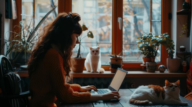 Giovane donna freelance che lavora con il portatile a casa con il suo gatto