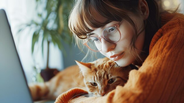 Giovane donna freelance che lavora con il portatile a casa con il suo gatto