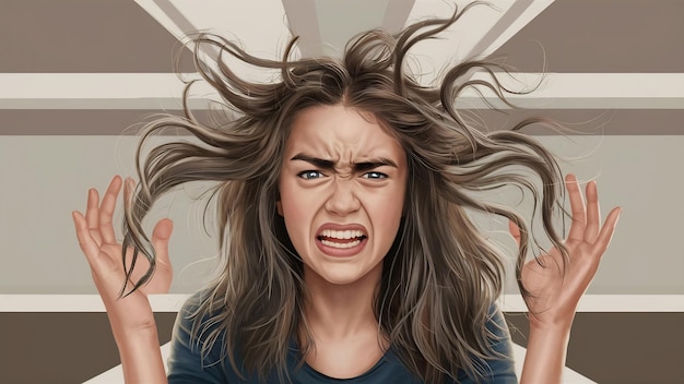 Giovane donna frustrata con i capelli cattivi.