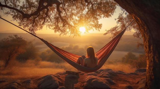 Giovane donna generata da Ai che si rilassa sull'amaca sotto gli alberi godendosi la mattinata estiva