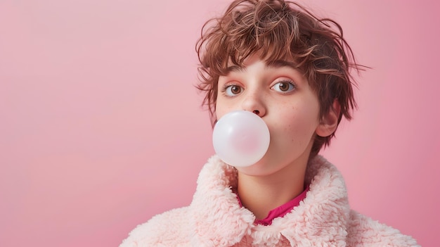 Giovane donna giocosa con i capelli corti che soffia bolle con la gomma da masticare