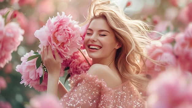 Giovane donna gioiosa che abbraccia le peonie rosa in fiore concetto primaverile fresco ritratto all'aperto in stile femminile leggerezza estiva ed eleganza catturata AI
