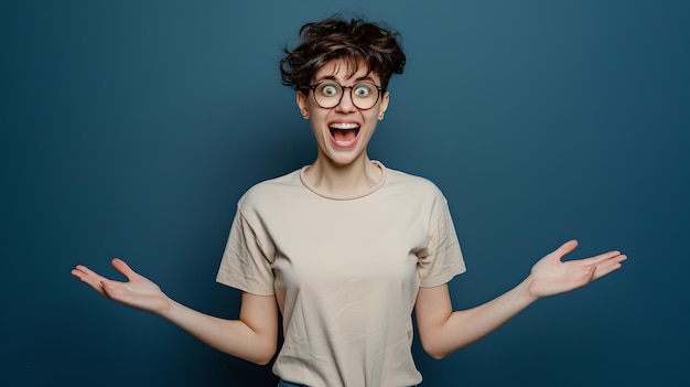 Giovane donna gioiosa con gli occhiali posa eccitata in uno studio in abiti casual che esprimono felicità perfetti per lo stile di vita e i concetti pubblicitari AI