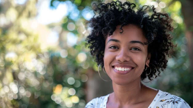 Giovane donna gioiosa con i capelli ricci e un sorriso luminoso che irradia energia positiva all'aperto