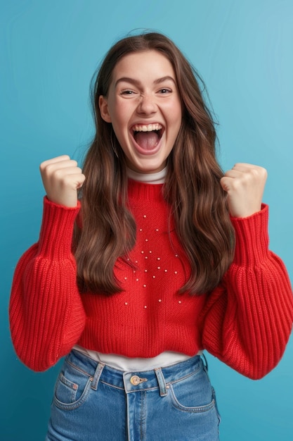 Giovane donna gioiosa con il maglione rosso che applaude con i pugni chiusi su uno sfondo blu