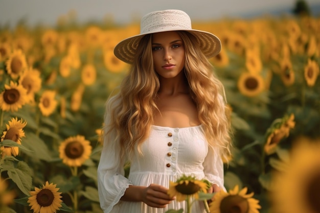 Giovane donna graziosa con cappello di paglia e camicia bianca estiva in posa nel campo dei girasoli AI generativa