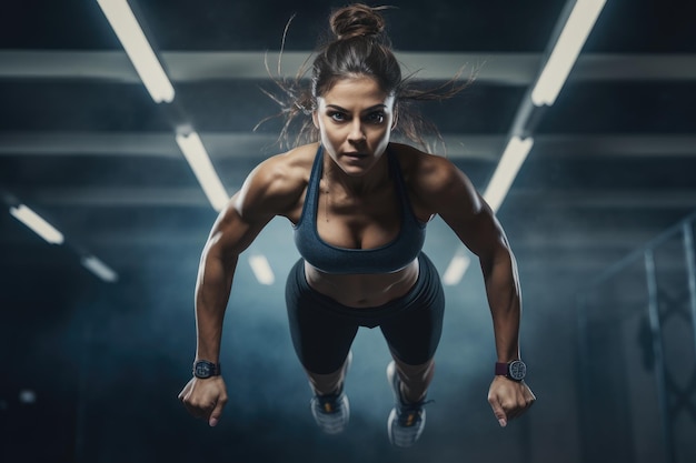 Giovane donna in abbigliamento sportivo che salta in palestra Crossfit Athlete femminile che si allena AI Generato