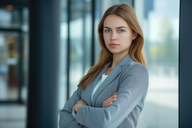 Giovane donna in abiti da lavoro in piedi con le braccia incrociate in un ambiente aziendale