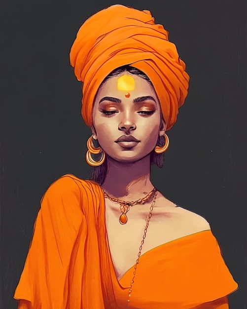 giovane donna in abito arancione con turbante e gioielli etnici